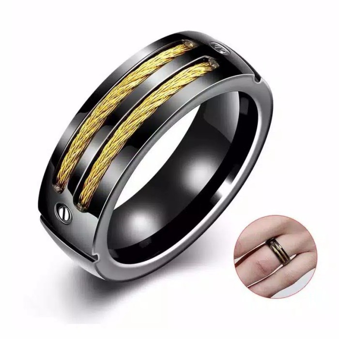 Cincin Titanium list emas hitam Pria cowo Premium - Hitam, 8