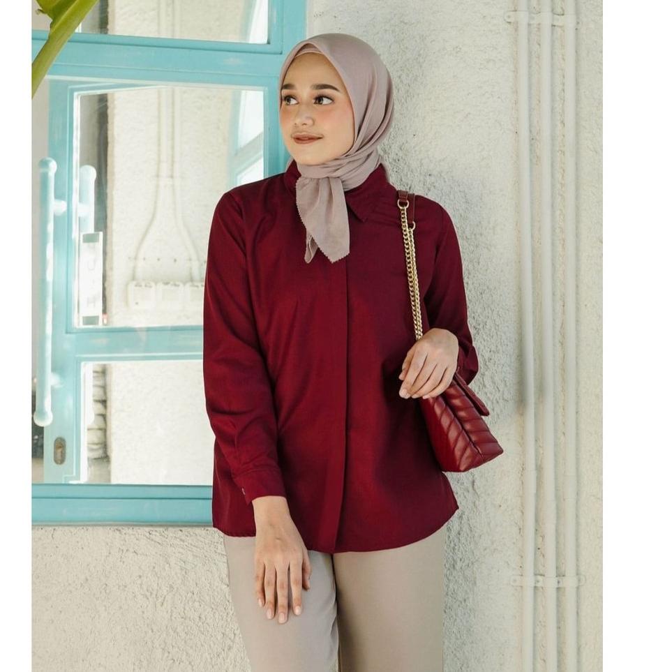 SALEE.. Baju wanita atasan lengan Panjang Kemeja Blouse Putih Hitam Merah Maroon Toyobo Premium Casu