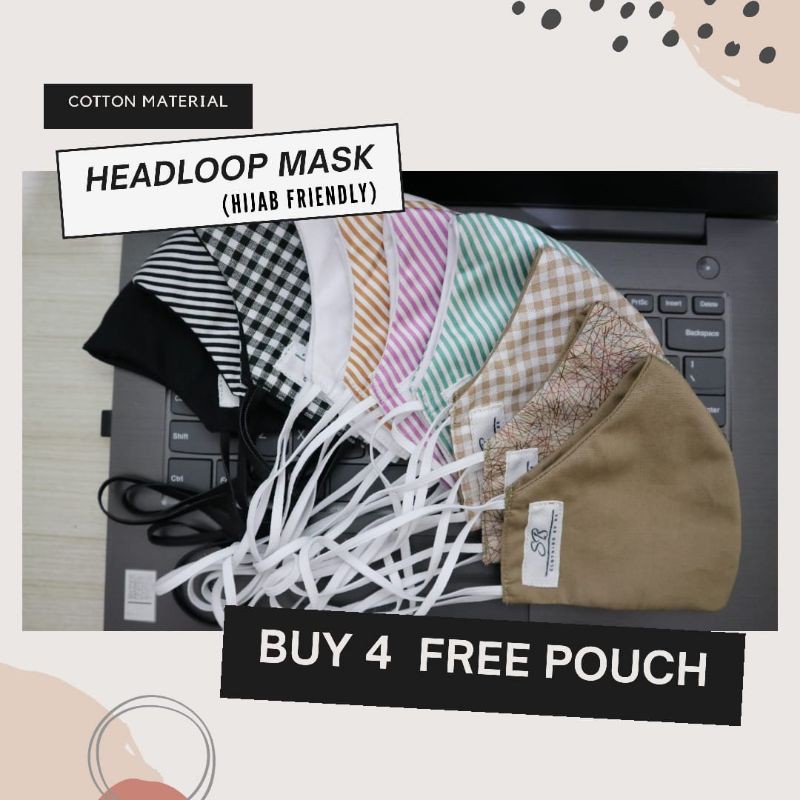 Masker Kain (headloop / hijab/tali panjang) / Masker non medis 2 ply / beli 4 free pouch