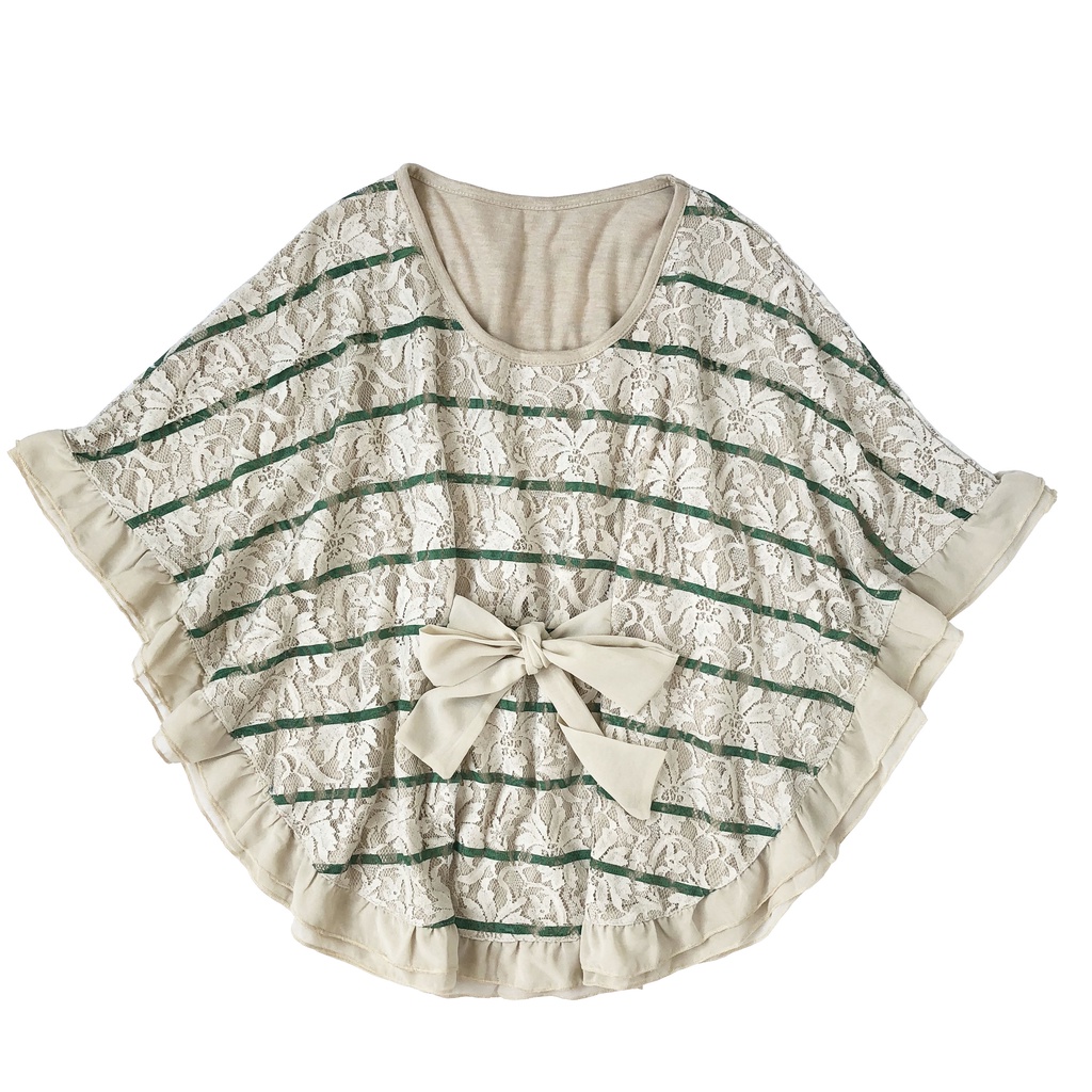 BLUS KAOS PONCHO KELELAWAR RENDA LACE BRUKAT KREM GARIS HIJAU IMPORT
