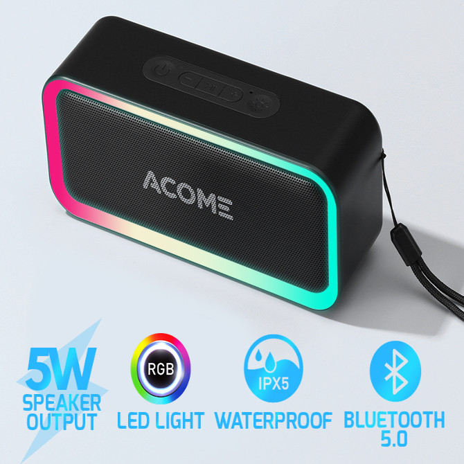 ACOME Bluetooth Speaker TWS 5W RGB LED Party IPX5 Waterproof A6 - Blac