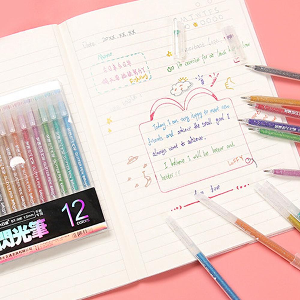 Timekey 12pcs / set Pen Gel Highlighter Glitter Multi Warna Untuk Stationery Sekolah / Kantor / Scrapbook DIY D9X6