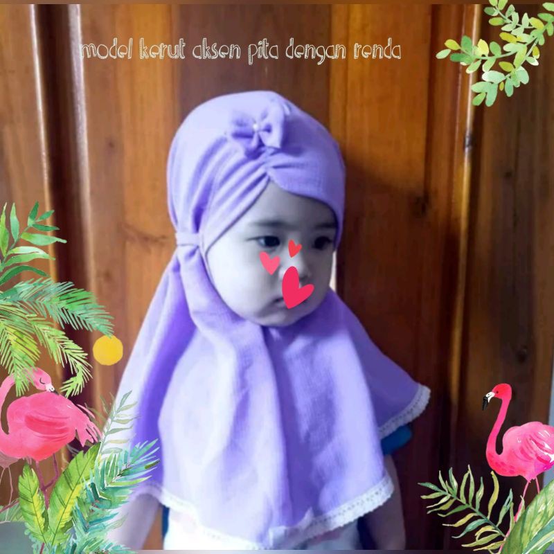 Jilbab bayi kerudung anak Linella series kerut samping aksen pita dengan renda