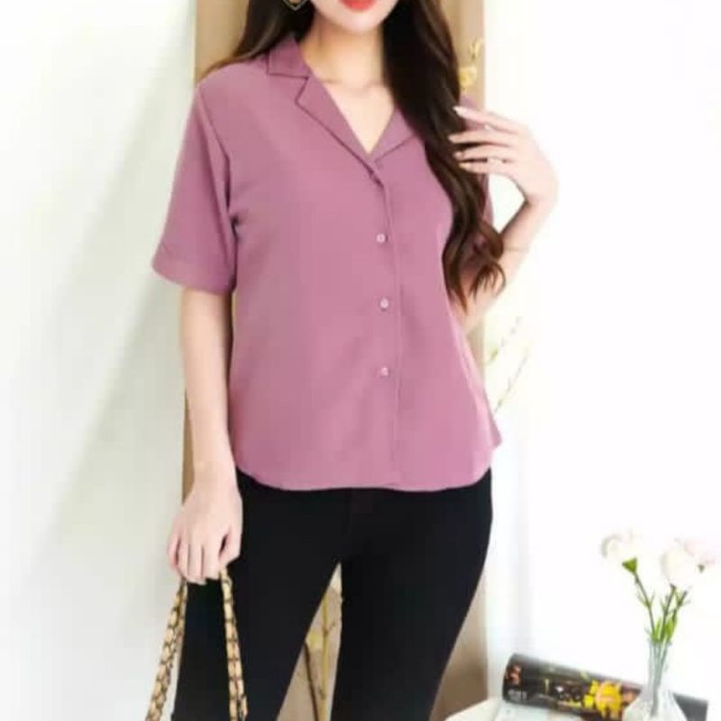 Blouse Polos Lengan Pendek Wanita Casual Putih Hitam Shakilla Twill | Kemeja Wanita Lengan Pendek Casual