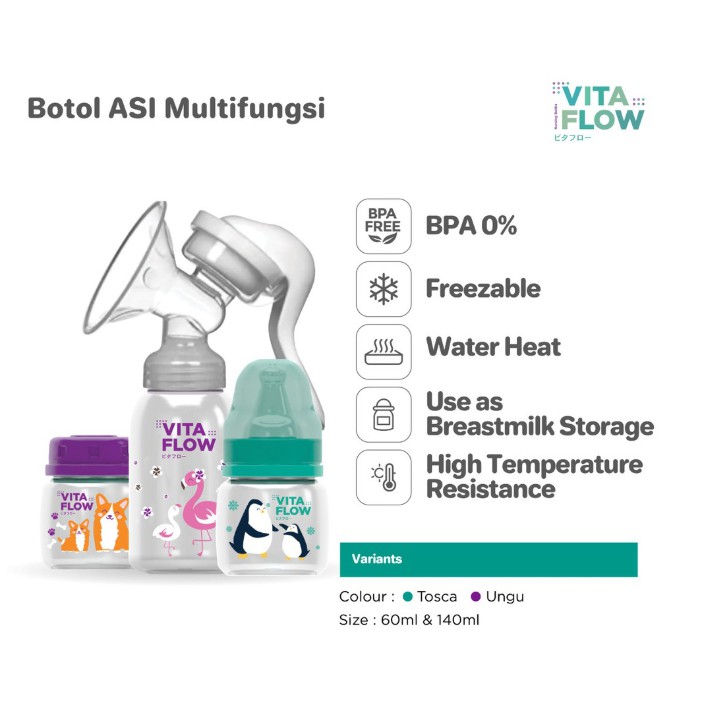 VITAFLOW Breast Milk Storage Bottle 3 in 1 PP 60ml 1 Paket 8 pcs - Animal Series - Botol Penyimpan Asi