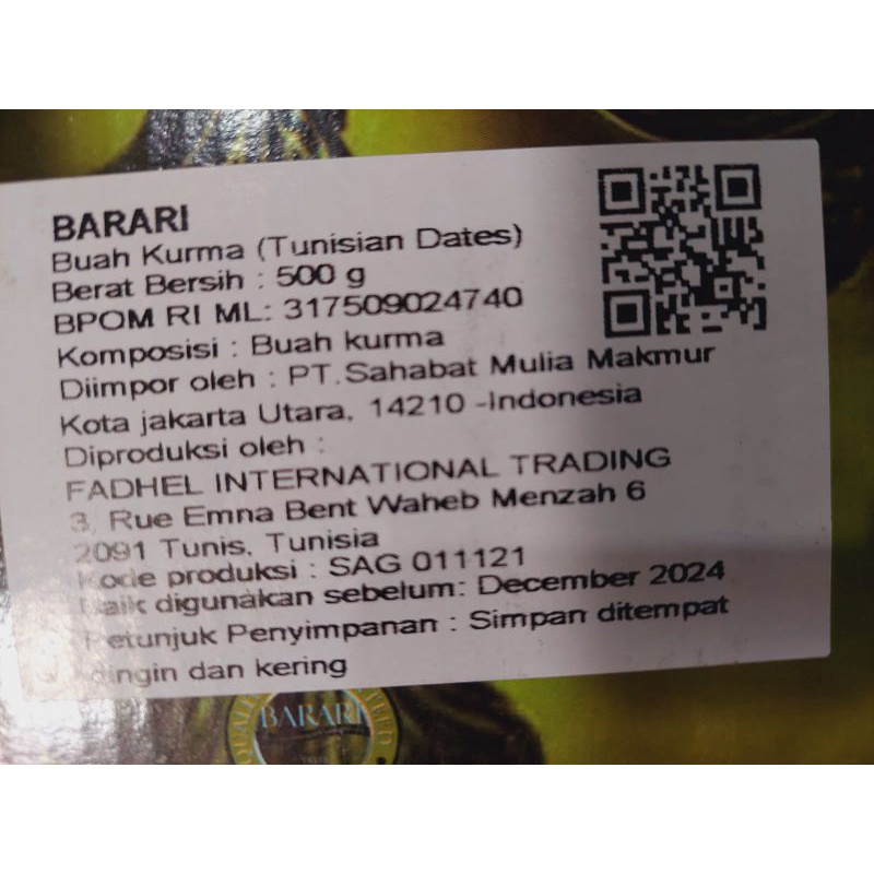 Kurma Tunisia Tangkai Palmyra Barari  TERMURAH FRESH Exp 2024 Grosir Distributor Jakarta