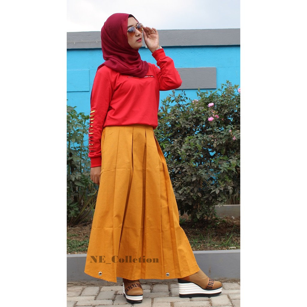 Rok Ring Panjang Bahan Katun Rok Murah Rok Wanita Rok Pinggang Karet Warna Kuning Mustard