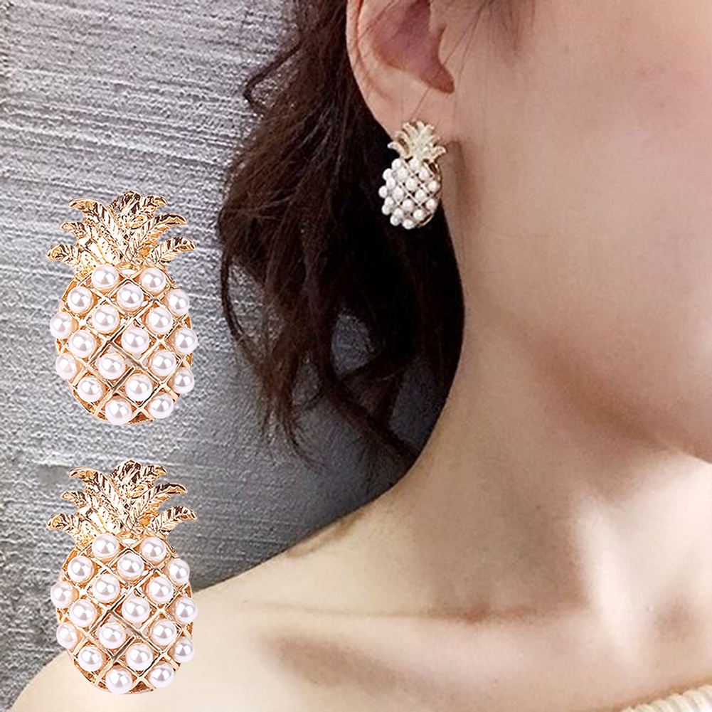 Hu Hu Hu Hu Hu Alat Bantu Pasang Kacamata♡ Anting Stud Bentuk Nanas Aksen Mutiara Tiruan Untuk Wanita