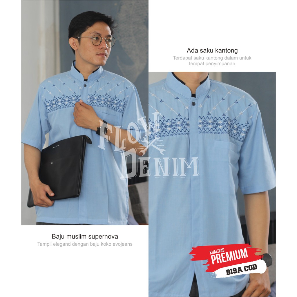 Grosir Baju Koko Lengan Pendek Warna Biru / Army / Hijau / Merah / Putih Motif Bordir Terbaru - Flow