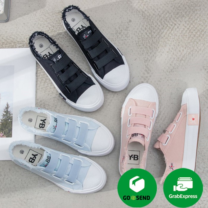 BISA COD ✓ Sepatu Sneakers Wanita Model Korea Velcro Flat Casual Warna Putih untuk Pelajar
