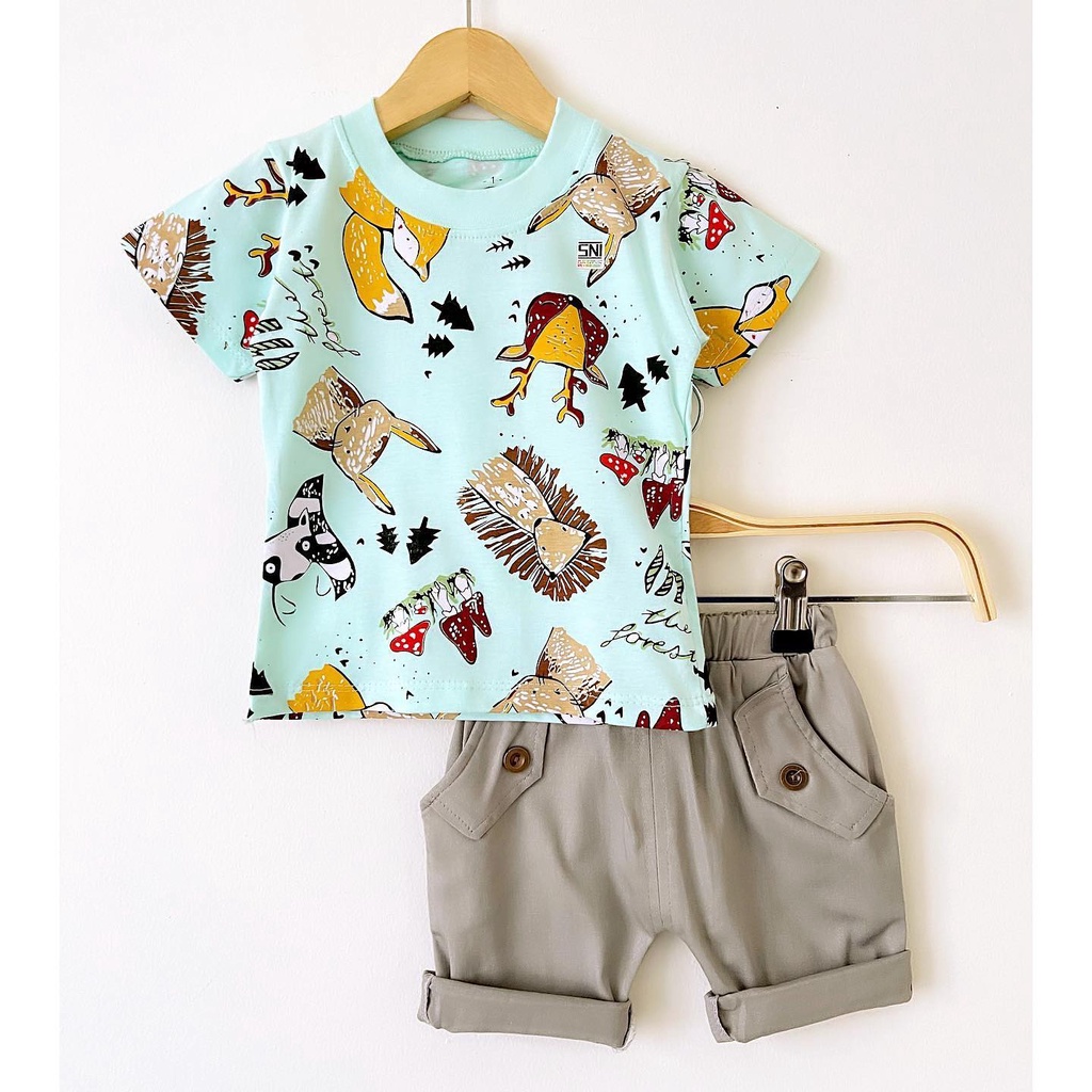 BERSERTIFIKASI SNI FOREST ANIMAL CHINOS SET / Whale Chinos Baju Setelan Kaos Celana Pergi Jalan Lucu Fashion Anak Bayi Cowok Laki Terlaris Lucu