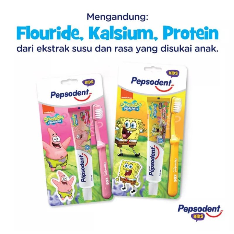 PEPSODENT Pasta Gigi dan Sikat Gigi Kids Orange Spongebob (50g + 1pc) - Pepsodent