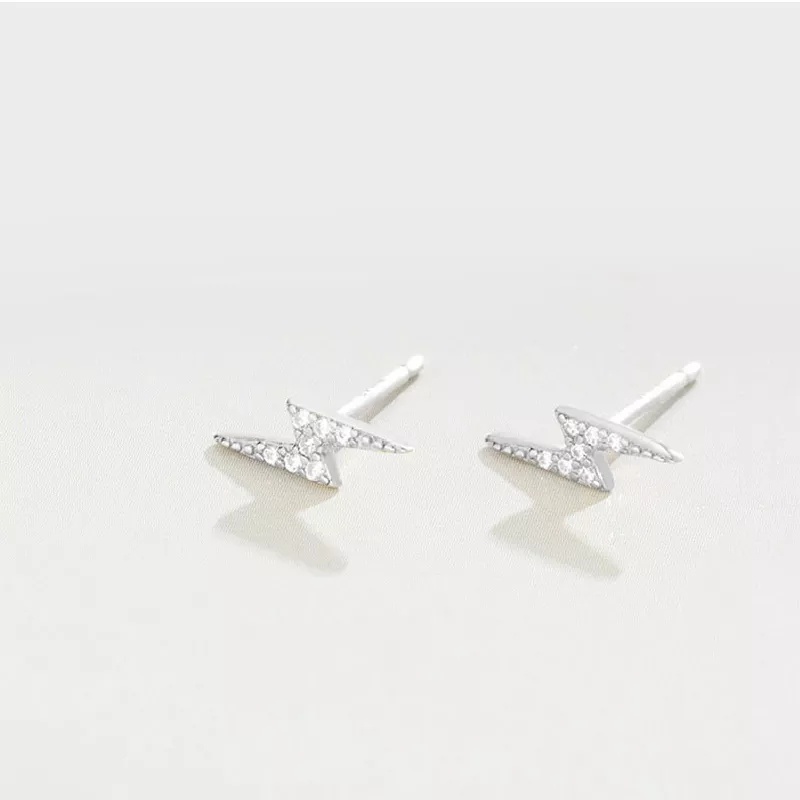 Women Korean Silver Cute Mini Lightning Zircon Stud Earrings /  Girls Personality Minimalist Alloy Studs Earrings / Ladies Simple Rhinestone Earrings / Korean INS Simple Style Studs Earrings / Party Minimalist Ear Jewelry Accessories