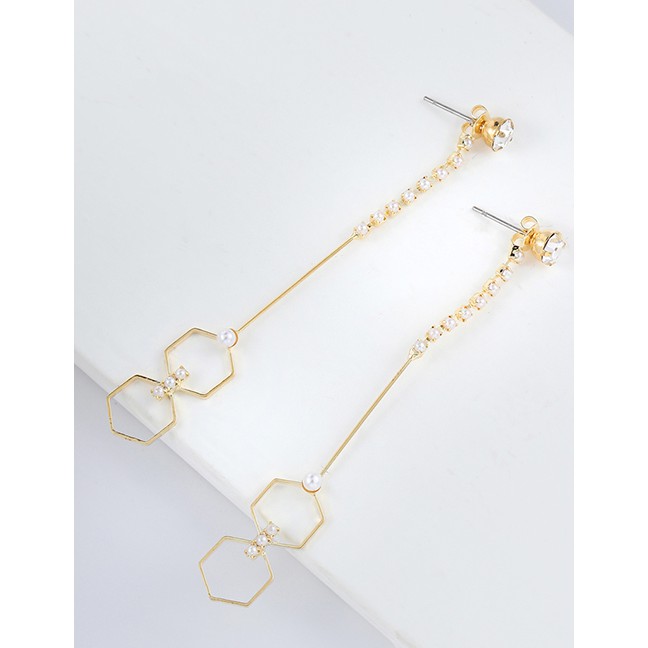 LRC Anting Tusuk Fashion Real Gold Alloy Rhinestone Pearl Geometric Stud Earrings F79760