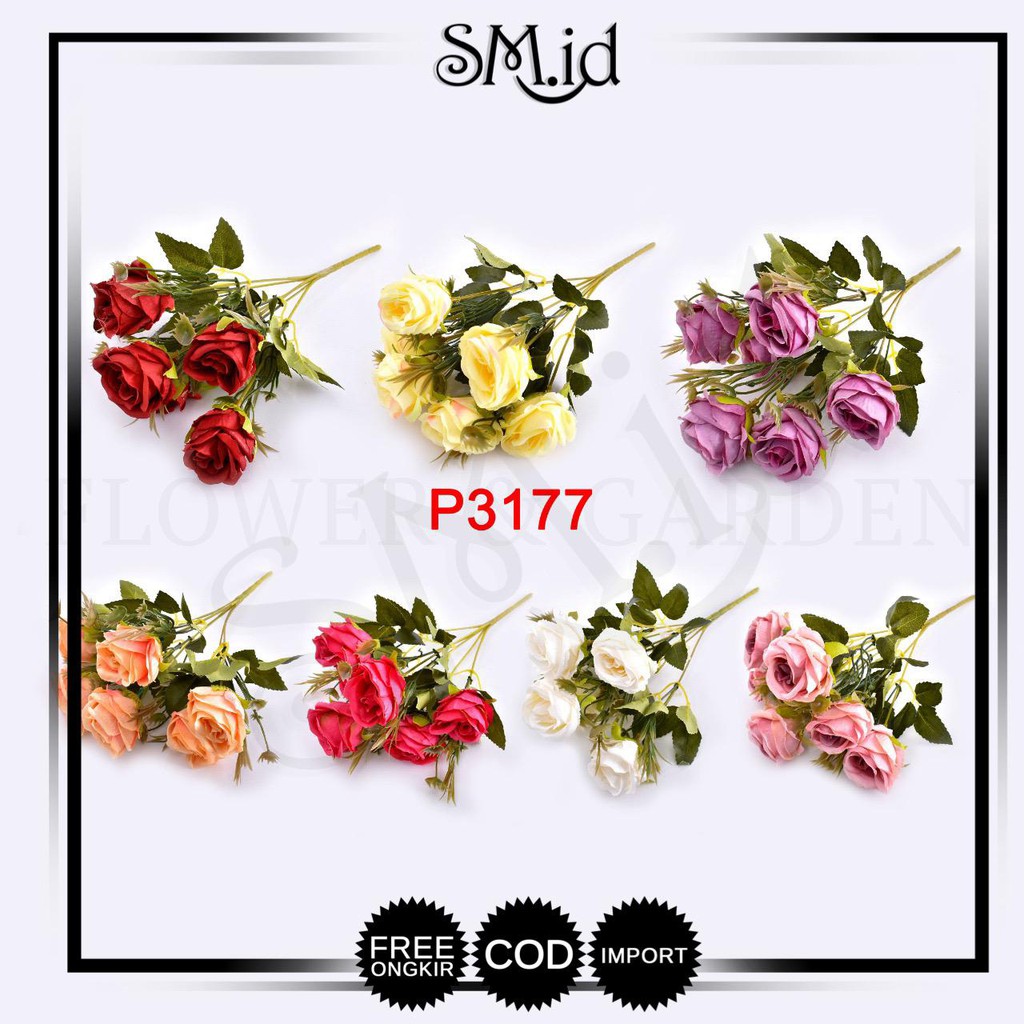 SM.ID Bunga Mawar Buatan dengan Bahan Sutra untuk Hiasan Dekorasi Bunga Hias P3177