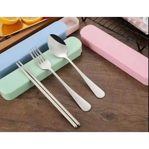 Sendok set Travel 3Pcs Stainless Steel Set Alat Makan Sendok Garpu Sumpit / Spoon Fork Chopsticks LUCU warna warni murah berkualitas