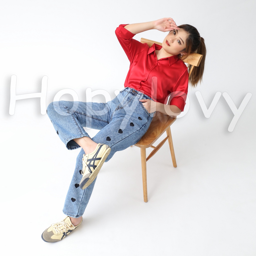 HOPYLOVY Celana Boyfriend Jeans Wanita Loose Jeans Bordir Love Avanti