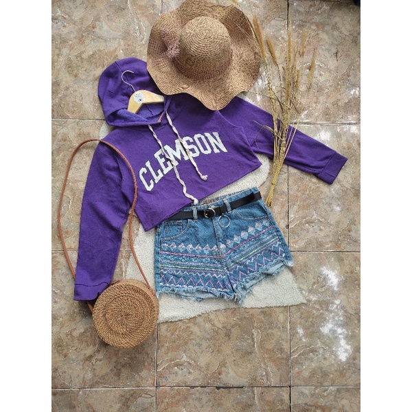 preloved hoodie jaket crop print Ungu purple wanita