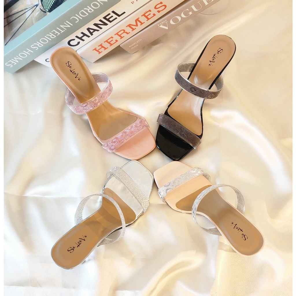 Arlaine - Elonia High Heels Wanita / Sandal Heels Wanita / Heels Brukat Kaca / Heels 7cm / Heels Pesta / Heels Kondangan