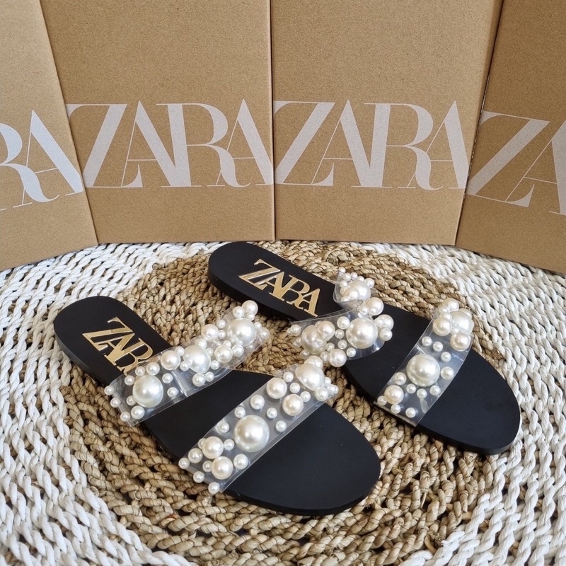 Sendal Slop Pearl Mutiara ZARA (m SANDAL ZR PEARL FLAT DOUBLE STRAP WANITA