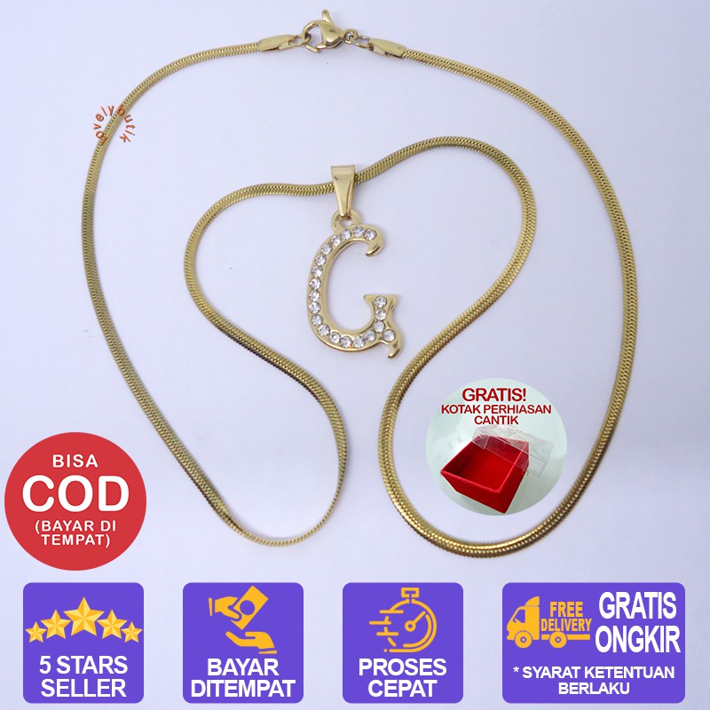 Lovelybutik Honey Kalung Huruf Titanium Anti Karat Inisial G Uk 45 cm BONUS KOTAK PERHIASAN