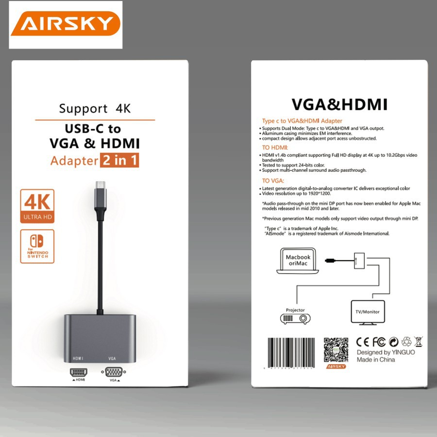 AIRSKY HC-10 USB TYPE C To MULTIMEDIA PORT &amp; VGA Adapter 2IN1 Support 4K