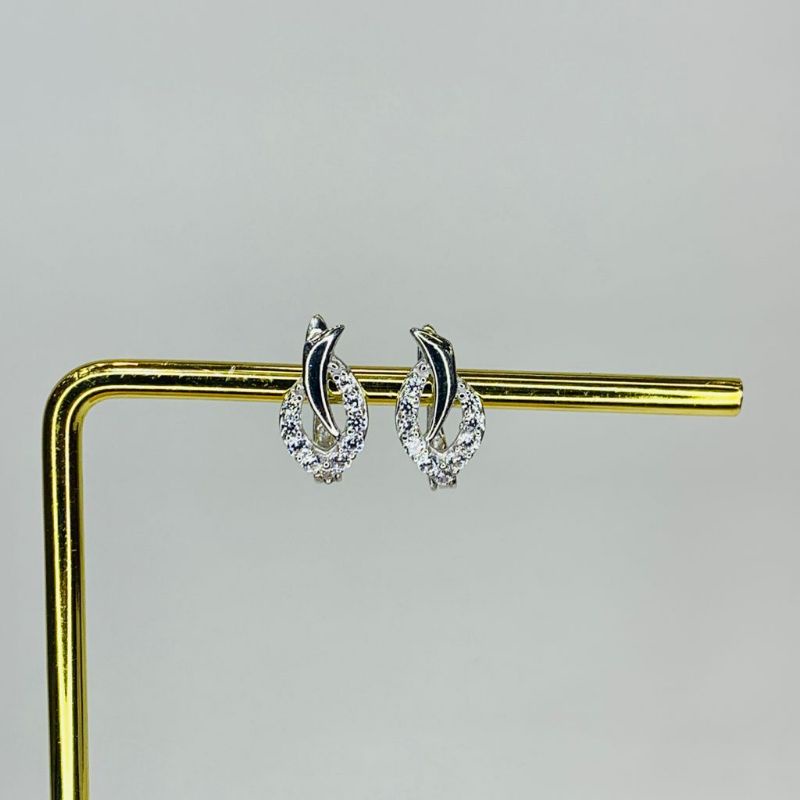 Anting Giwang Jepit Emas Asli Kadar 750 17K Mas Putih Mata Batu Permata Zircon Motif Model Daun