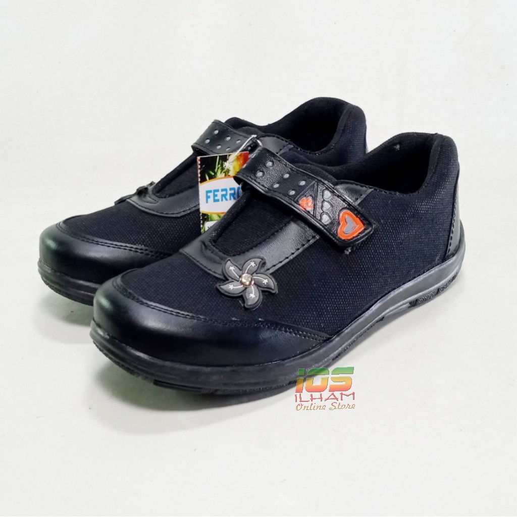 Sepatu Anak Perempuan Sneaker Ferro F.03 Sekolah TK SD Size 26-35 Hitam