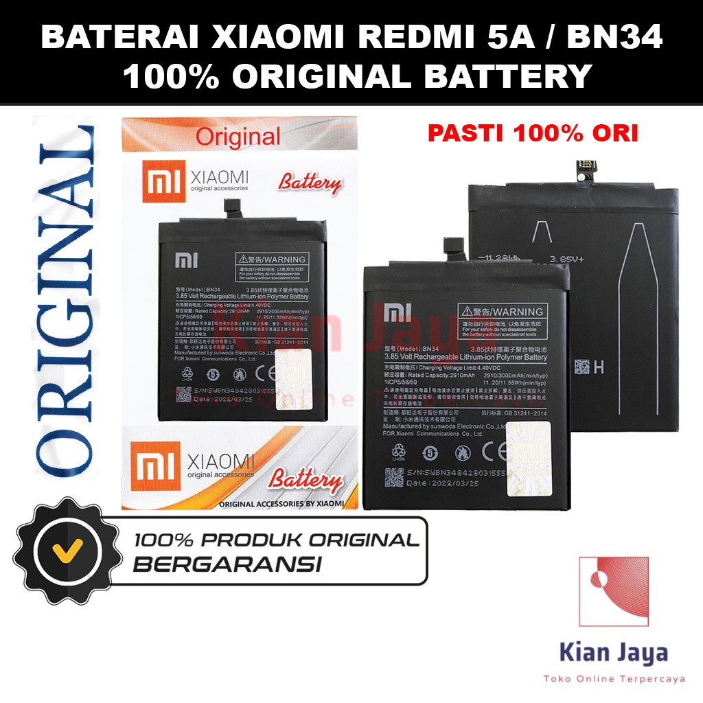 [Garansi 100% Ori] Baterai Xiaomi Redmi 5a BN34 Batre Batrai Battery Hp Xiao Mi BN 34 Original