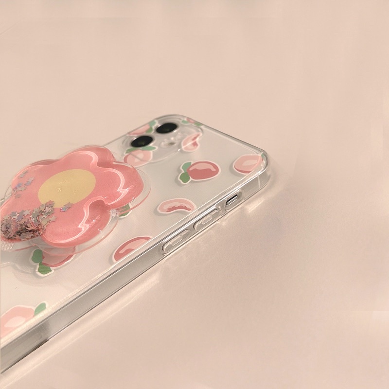 Transparant Peach with Flower Holder Softcase iphone 7/8+ XS XS Max XR 11 Pro Max 12 Pro Max