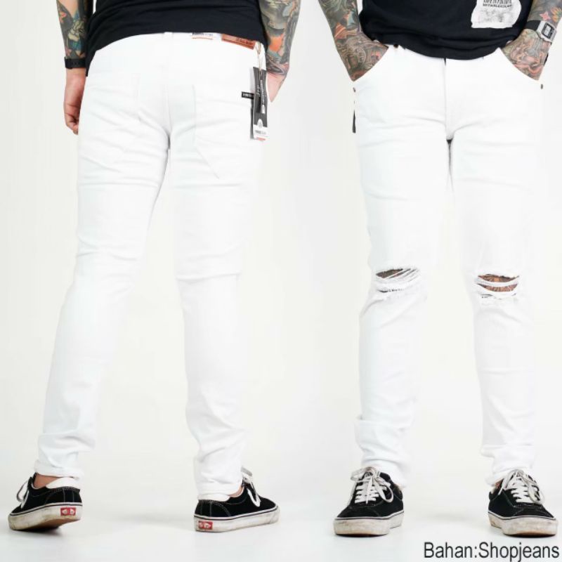 Celana Jeans Putih Pria Sobek Lutut Skinny Slimfit Robek Ripped 28 33