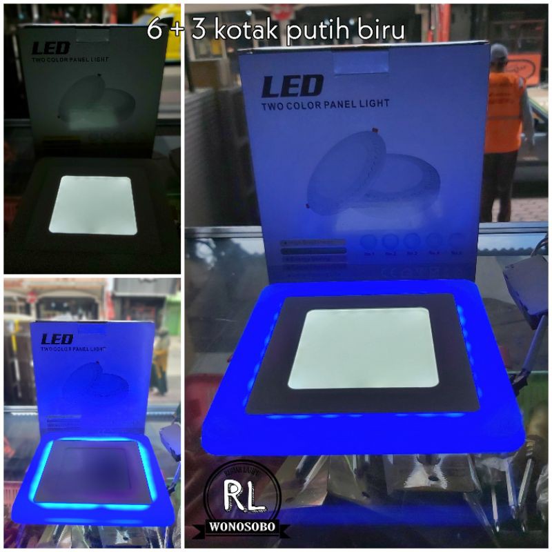 lampu downlight panel inbow 2 warna 6+3 kotak putih biru