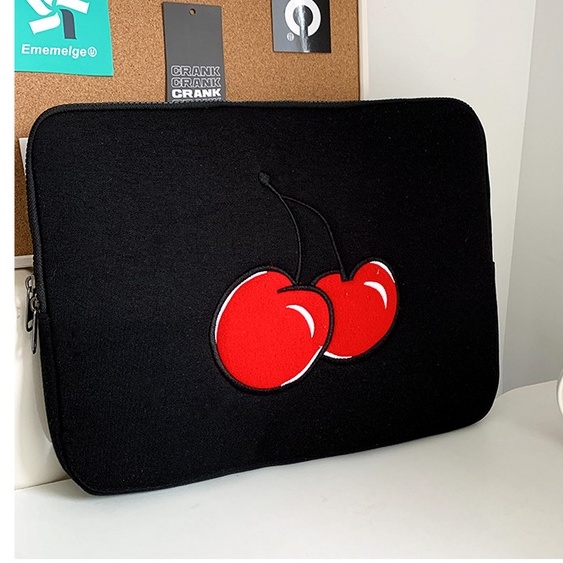 Sleeve Pouch Sarung Tas Bag Case Ipad Tab Tablet Macbook Air Pro Laptop Asus Acer Lenovo HP Huawei 11 12 13 14 15 inch Motif Gambar Cherry Fruit Buah Cery Warna Hitam Merah PinkLucu Cute Murah Korean Model