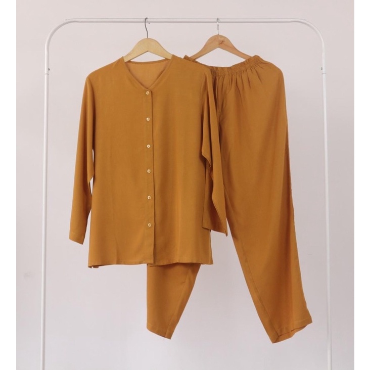 (PIYAMA POLOS) PIYAMA RAYON PAJAMAS RAYON SET BAJU WANITA VIRAL ELEGAN MURAH-Mustard