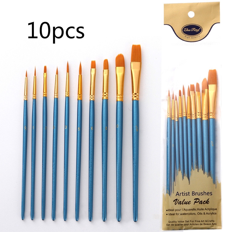 10Pcs/set Watercolor Gouache Paint Brushes Artist Nylon Hair Painting Brush