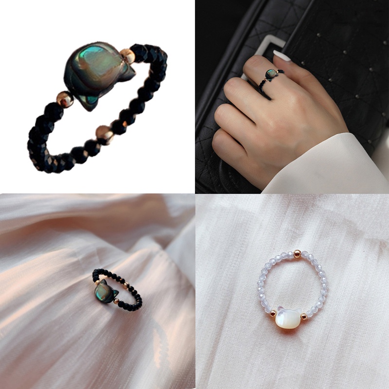 Cincin Kristal Imitasi Handmade Bentuk Kucing Warna Hitam Putih Gaya Korea Untuk Wanita