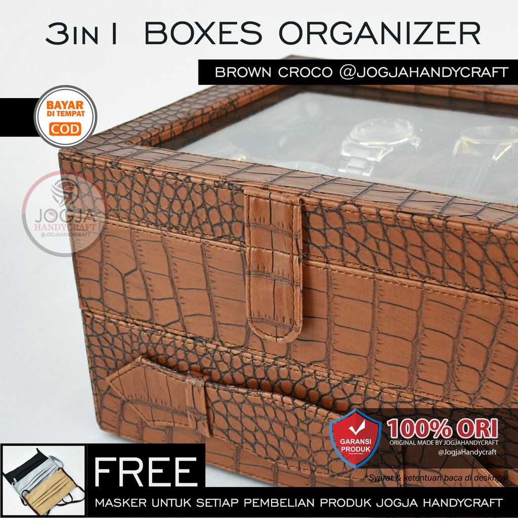 Premium Brown croco - Box Kotak Jam Tangan Jumbo isi 6 mix Tempat Perhiasan Susun