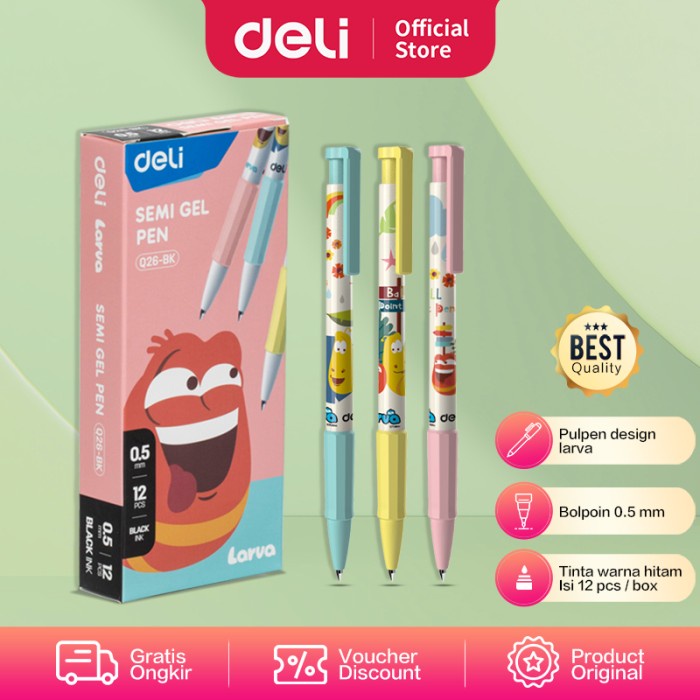 

Deli Semi Gel Pen / Pulpen Gel Kartun Larva 0.5mm Isi 12pcs/box EQ26
