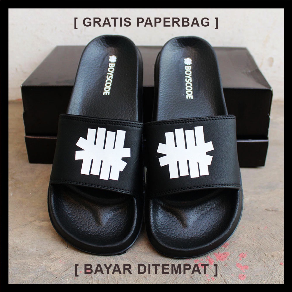 Sendal Slip On Pria Distro Terbaru Boyscode Petir Logo Fullblack / Sendal Slide Pria