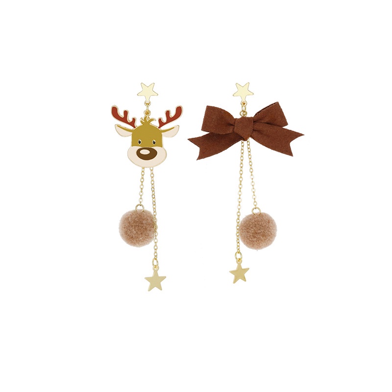 Christmas elk five-pointed star bow long asymmetrical tassels ladies earrings holiday cute jewelry factory wholesale in stock