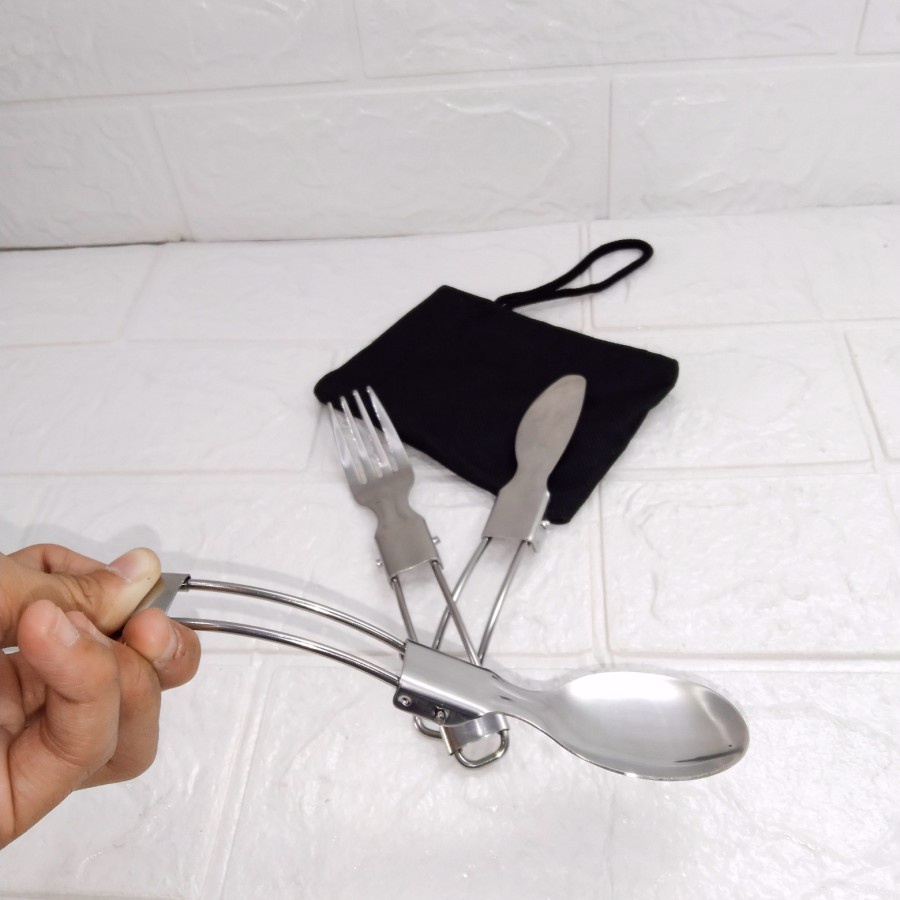 Sendok garpu pisau lipat travelling camping outdoor free tas