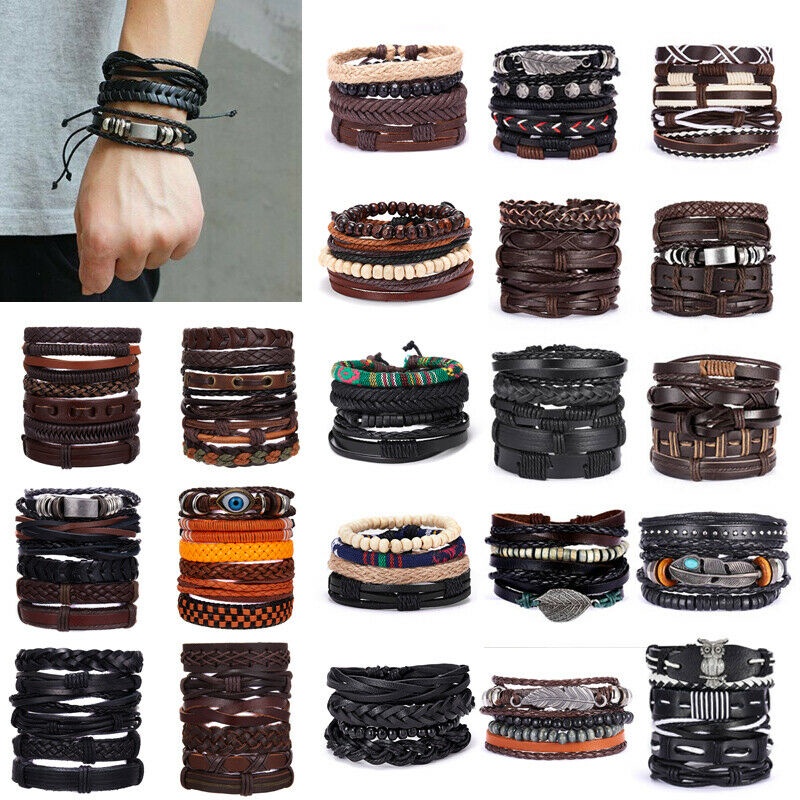 5 / 6pcs Gelang Bangle Cuff Bahan Kulit Hias Manik-Manik Daun Gaya Punk Untuk Pria