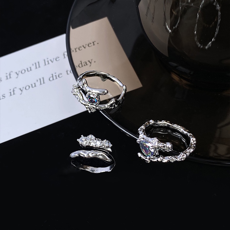 YEEZII 3pcs / Set Cincin Model Terbuka Bahan Silver Desain Geometri Hias Zircon Gaya Retro Kreatif Adjustable Untuk Wanita