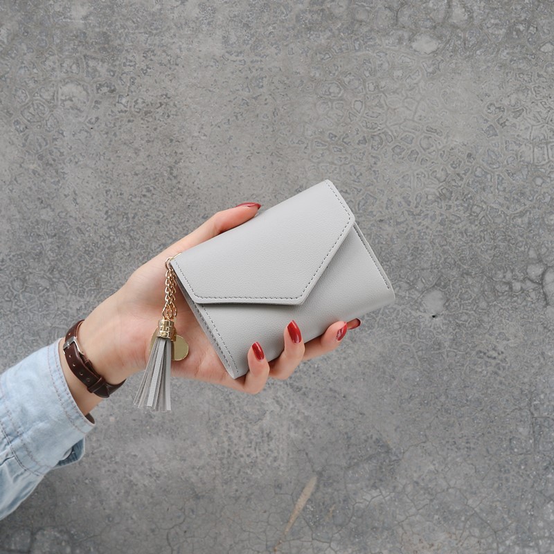 (8 WARNA, 1KG muat 15pcs) Dompet Kecil Polos Lipat Cewek Korea Gantungan GROSIR Lomenia LOD013-Abu Muda