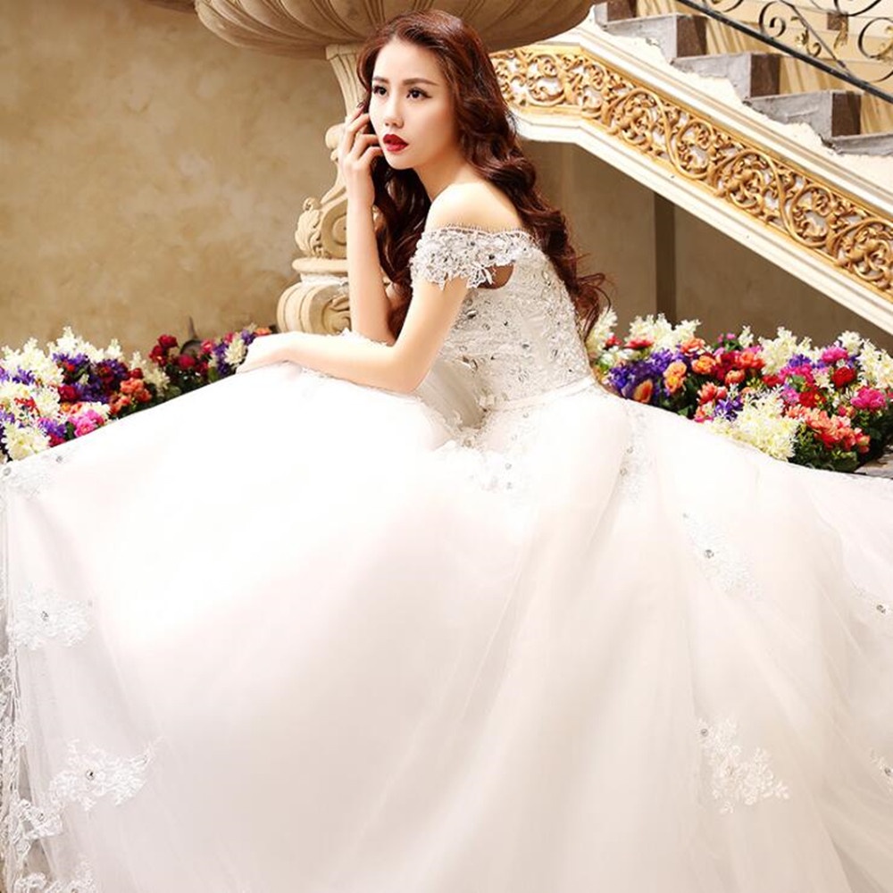 Long Tail Wedding Dress White Women Bridal Ball Gown Dress