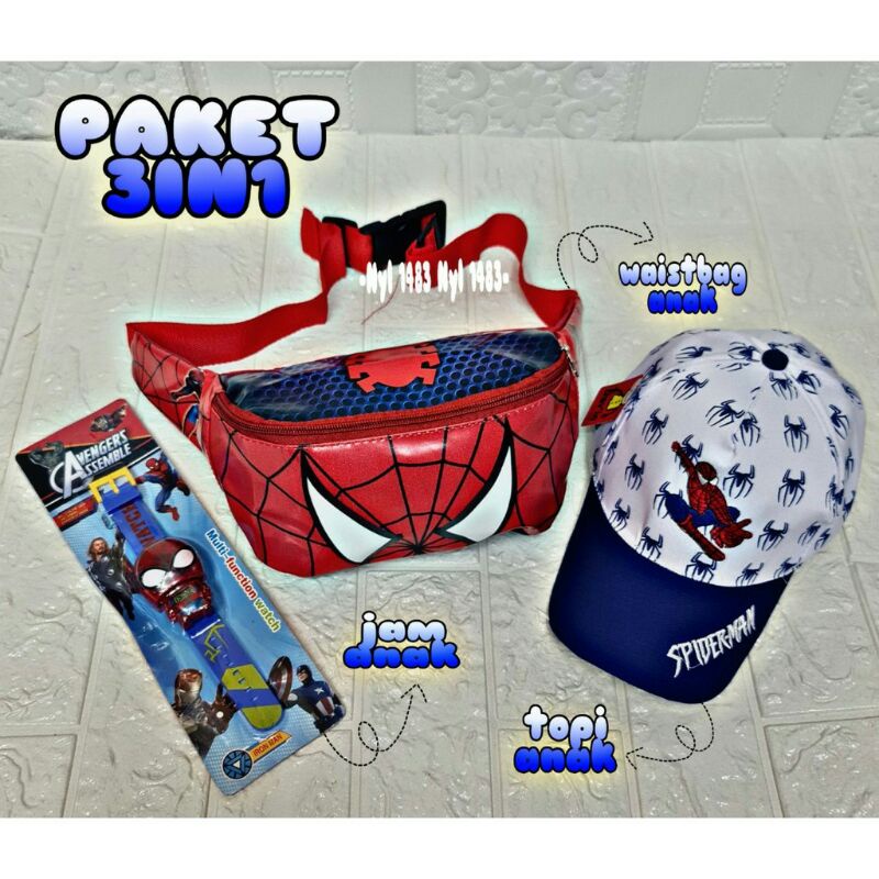 COD WAISTBAG ANAK LAKI LAKI TOPI ANAK FREE JAM ANAK PAKET HEMAT 3IN1 TAS SELEMPANG ANAK MOTIF SPIDERMAN