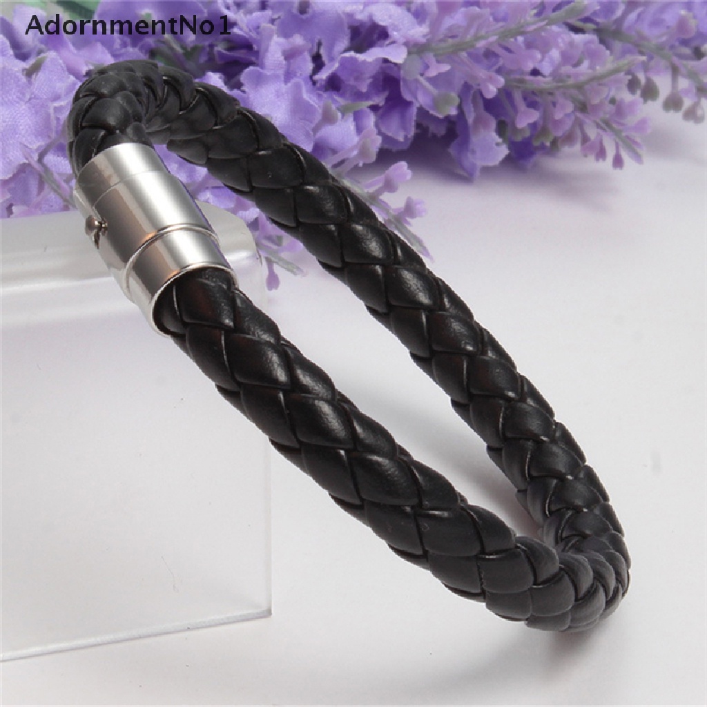 (AdornmentNo1) Gelang Tangan Kulit Hitam Aksen Buckle Magnet Bahan Stainless Steel Untuk Pria / Wanita