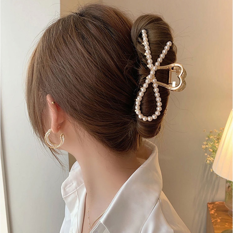 Jepit Rambut Model Cakar Aksen Mutiara Warna Emas Gaya Korea Untuk Wanita