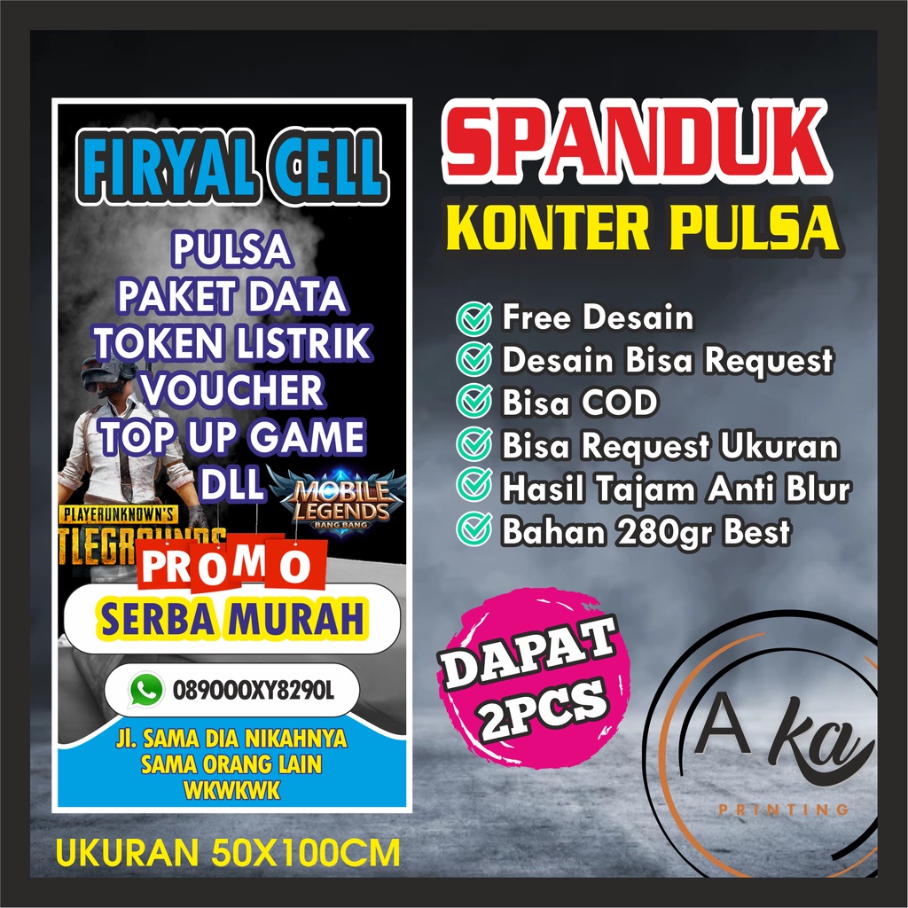 2pcs spanduk ukuran 50x100 AKA PRINTING/SPANDUK PULSA/BANNER KONTER/SPANDUK 1 HARI JADI/CONTER/BISA 
