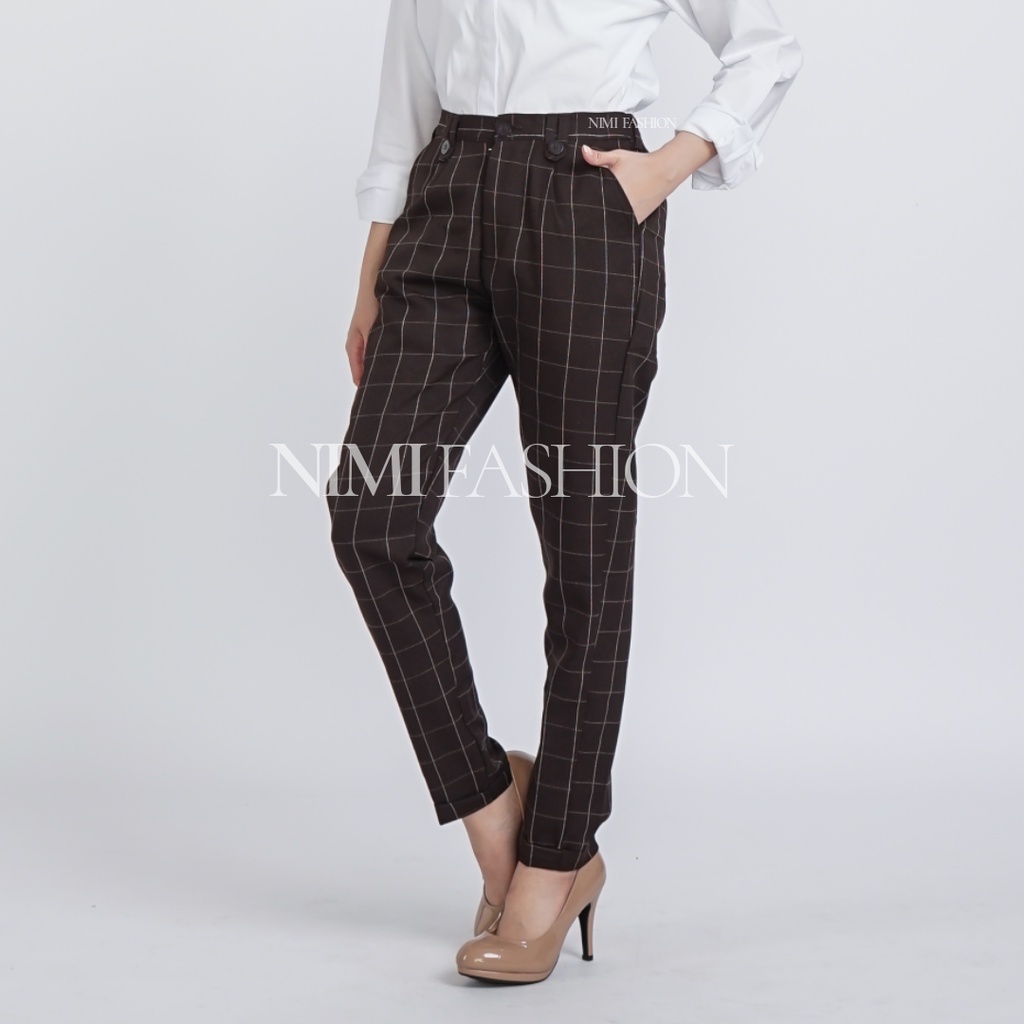 NIMI - Celana Tartan Wanita Bawahan Baggy Pants Kotak Wanita Pinggang Karet